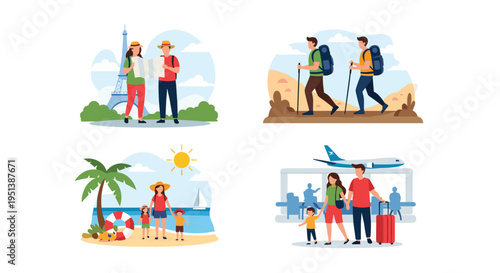 Set of four travel illustrations depicting sightseeing in Paris, hiking in mountains, relaxing on a beach, and waiting at an airport.