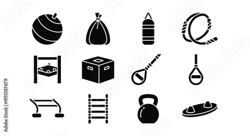 Set of 12 black glyph fitness equipment icons vector for gym workout, exercise, sports, and healthy lifestyle designs