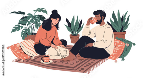 Young couple enjoys a cozy moment at home sitting on a rug with their white cat while drinking coffee amidst many indoor potted plants.