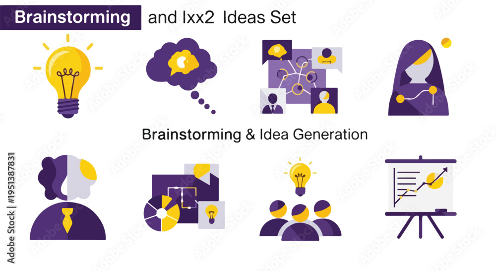 Fototapeta premium Brainstorming and Idea Generation Vector Icon Set with 8 Flat Design Elements for Business Strategy, Creative Thinking, and Innovation