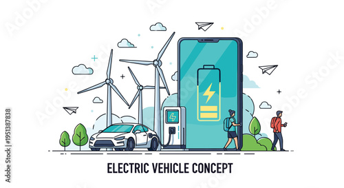 Electric vehicle concept showing a car plugged into a charging station with wind turbines and a smartphone app tracking battery life.