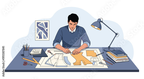 Professional fashion designer focuses on his work, drawing patterns on a large desk equipped with tools, books, and a desk lamp at night.