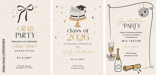 Class of 2026 elegant vintage graduation party and prom invitations with black and gold hand drawn line art elements.