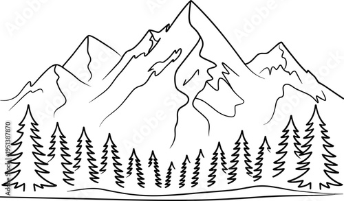 Mountain Range Outline with Pine Trees Landscape Line Art Nature Scenery Outdoor Adventure