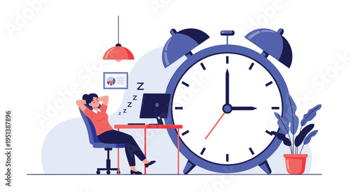 Exhausted woman falls asleep in her office chair with her feet up on the desk next to a massive alarm clock showing three o'clock.