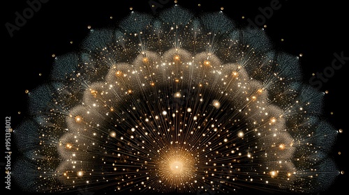 An abstract digital art piece shows sparkling golden light emanating outward in an arc against a dark night sky background beautifully.