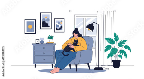 Relaxed woman sits comfortably in a blue armchair at home, petting a black cat while reading in a cozy, well-lit living room area.