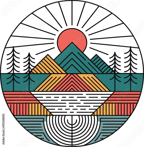 Geometric Sun and Trees Circular Design with Abstract Patterns