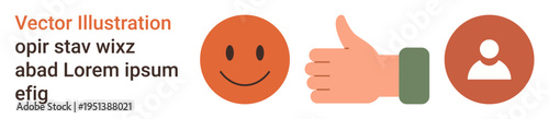 Communication, approval, feedback, social media, interaction, user identification. happy face, thumbs-up hand and user profile symbol. Feedback and social media interaction concept