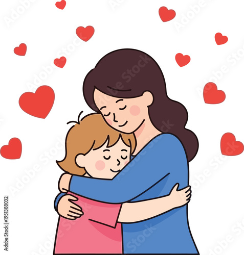 Mother lovingly hugs her smiling young child from above as numerous red hearts ascend around the joyful pair.