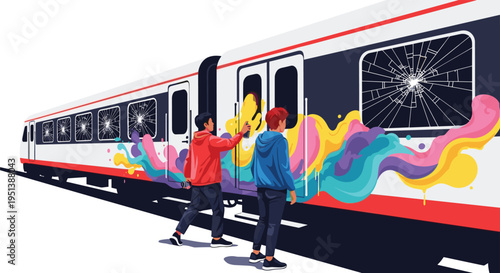 Two teenagers wearing hoodies spray paint colorful graffiti on a train car with broken windows, leaving a vibrant trail of colors.