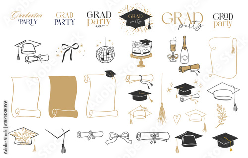 Hand drawn black and gold graduation doodles and line art elements for grad party and prom designs.