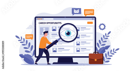 Man uses a large magnifying glass to search for career opportunities on a computer monitor displaying job listings and profiles.
