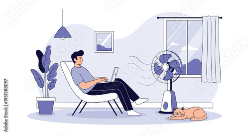 Man uses a laptop while sitting in a modern chair at home with an electric fan and a sleeping cat, keeping cool during a hot day.