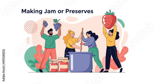 Group of friends works together to make fruit jam, stirring a large pot and holding fresh grapes and a giant strawberry in a kitchen.