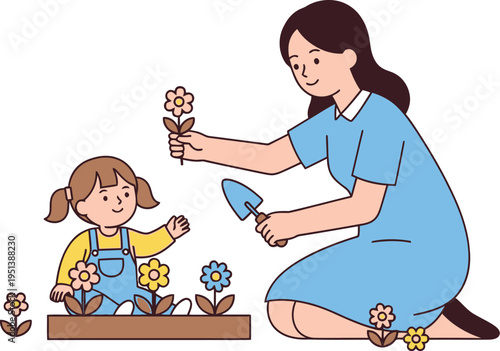 Mother and young daughter are kneeling together planting small flowers in a garden box using a small trowel.