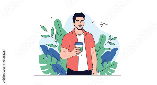 Happy man walks outdoors holding a cup of coffee with a background of vibrant tropical plants and green leaves on a sunny day.