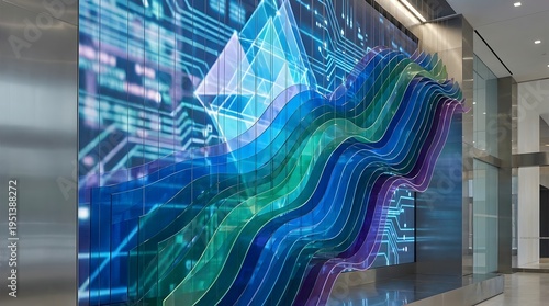 Abstract digital visualization with flowing colorful waves over a blue circuit board background