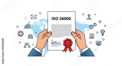 Businessman holds an official ISO 26000 certificate in his hands, with a world map and various business icons in the background.