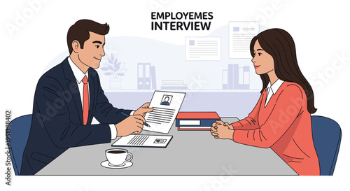 Professional man interviews a woman for a job at a desk, reviewing her resume and documents in a modern office environment.