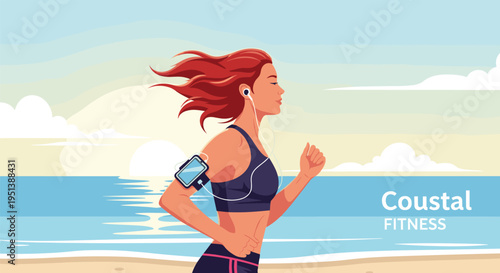 Active woman runs along a sandy beach at sunrise, wearing headphones and an armband for a morning coastal fitness workout.