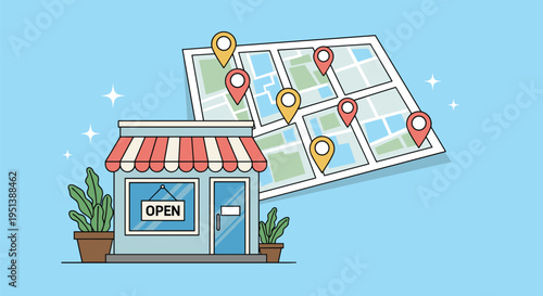 Local business store front illustration with map location pins representing regional SEO and a strong retail presence.