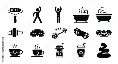 Set of 15 black glyph vector icons for wellness, self-care, and relaxation, including massage roller, stretching, sleep mask, hot bath, coffee, and cold drinks