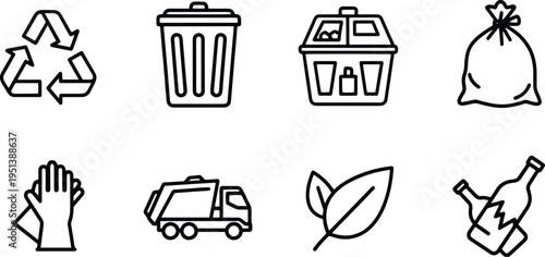 A set of vector line art silhouettes depicting eco-friendly waste management and recycling concepts.