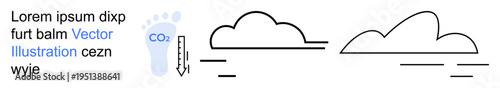 Climate change, carbon emissions, environmental awareness, sustainability, air quality, pollution reduction. Carbon footprint icon next to minimalist clouds. Climate change and carbon emissions
