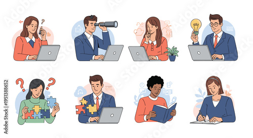 Diverse business team engaged in various professional activities including research, problem solving, and strategic planning.