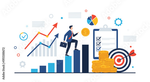 Ambitious businessman climbing a financial growth chart toward success with coins, targets, and business checklist icons.