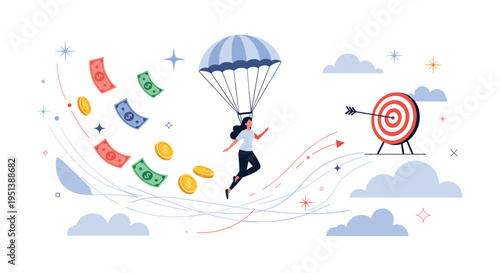 Woman parachuting toward a target while surrounded by falling cash and coins representing financial investment and risk.