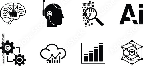 A set of vector line art silhouettes depicting artificial intelligence and data analysis concepts in a modern bundle