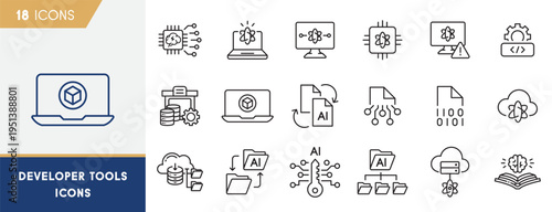 AI Developer Tools And Machine Learning Platform Line Icons Set With Artificial Intelligence Development Symbols