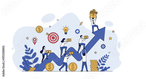 Cooperative business team helping each other climb a growth arrow representing collective success and financial gain.