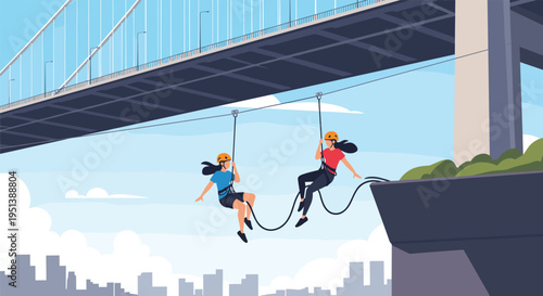 Two adventurous people ziplining under a large bridge with a beautiful city skyline and water in the background landscape.