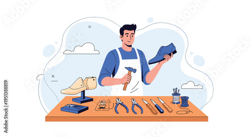 Skilled craftsman shoemaker working at a bench with professional tools and various footwear designs in a studio.