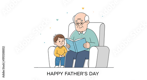 Caring grandfather sitting in a chair and reading an interesting story book to his young grandson on Father's Day.
