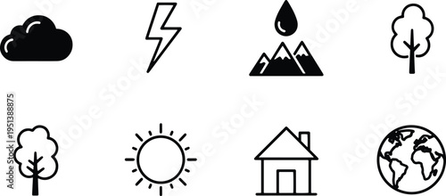 A set of vector line art silhouettes depicting various environmental and weather icons in a simple design