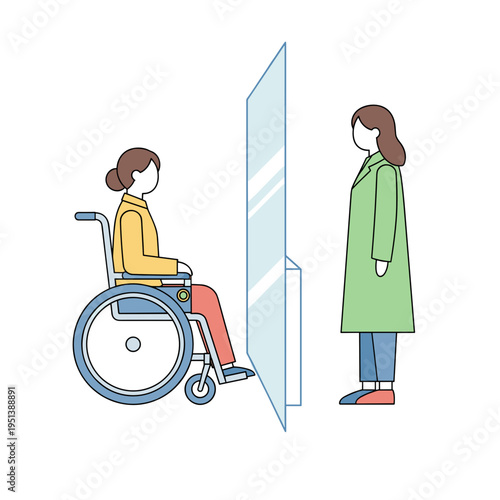 Woman in wheelchair interacting with standing woman near mirror - Concept of Disability & Invisibility  