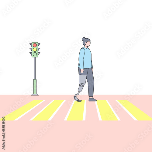 Young woman walking with prosthetic leg at crosswalk with traffic light - Concept of Disability & Invisibility  