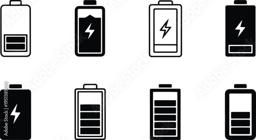 A set of vector battery icons in line art silhouette style for energy and technology concepts