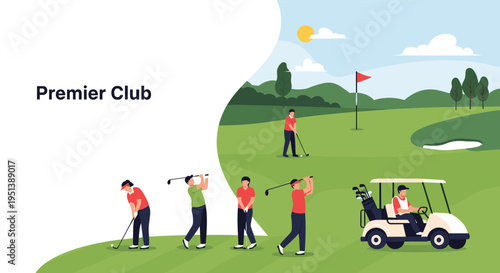 Professional golf club scene with diverse players practicing their swings and driving a golf cart on a lush green course.