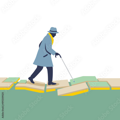 Blind man walking cautiously on uneven path with a cane - Concept of Disability & Invisibility  