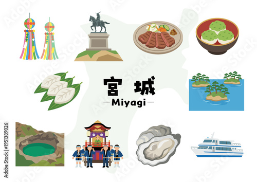 宮城県の観光・名物・文化アイコンセット（自然・グルメ・祭り・観光地イラスト）