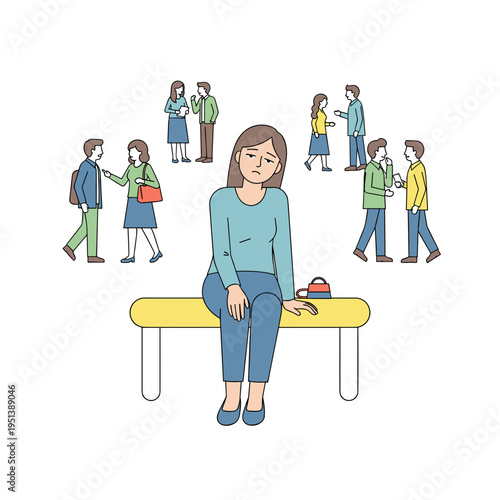 Woman sitting alone on a bench while observing people socializing