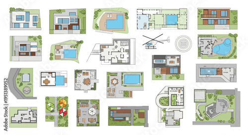 Detailed set of architectural floor plans and residential site maps including garden layouts and swimming pools.