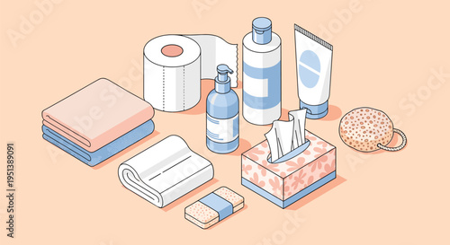 Isometric set of personal hygiene and bathroom essentials including soft towels, soap, lotions, and toilet paper.