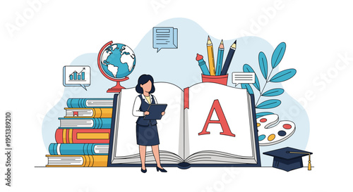 Professional educator standing in front of a giant open book and various school supplies representing academic excellence.