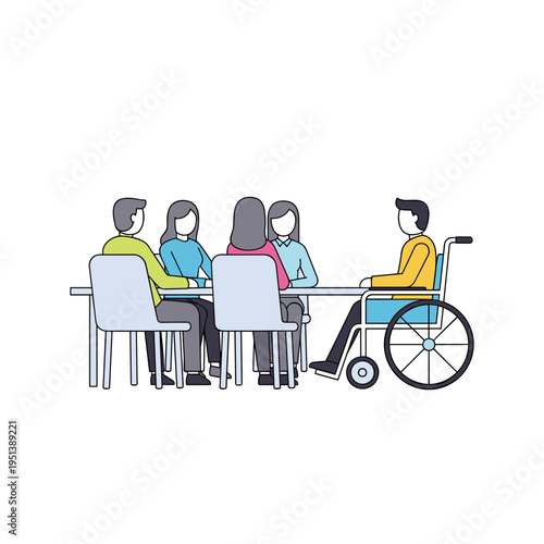 Group of people discussing around a table with man in wheelchair